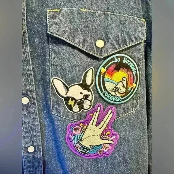 Cowboy Work Wear Denim Pearl Snap Shirt Men Size XXL Blue Long Sleeve PATCHES - Picture 4 of 8